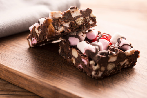 Two Pieces of Rocky Road on a chopping board.