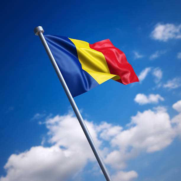 Flag of Romania. Shallow depth of field and motion blur 3d render.