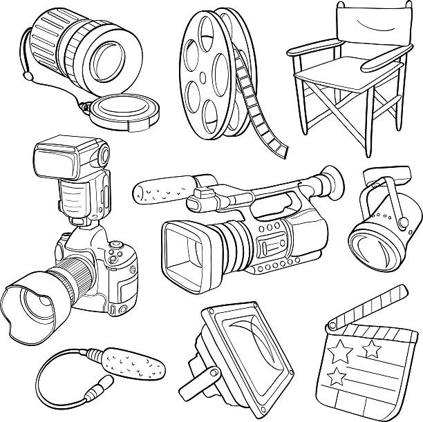 illustrazioni stock, clip art, cartoni animati e icone di tendenza di attrezzatura fotografica - pencil drawing flash
