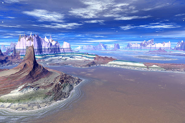 istock 3D rendered fantasy alien planet. Rocks and lake 465605512