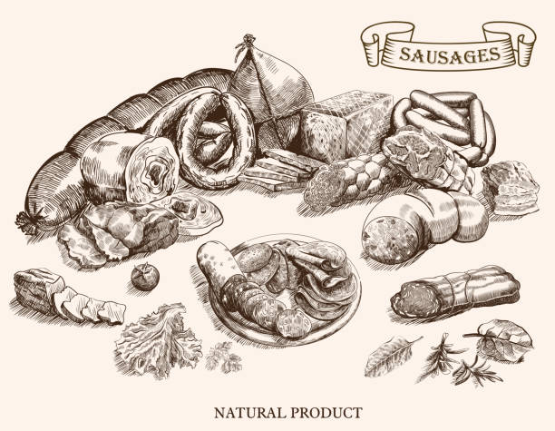 fleisch-produkte - salami sausage portion decoration stock-grafiken, -clipart, -cartoons und -symbole