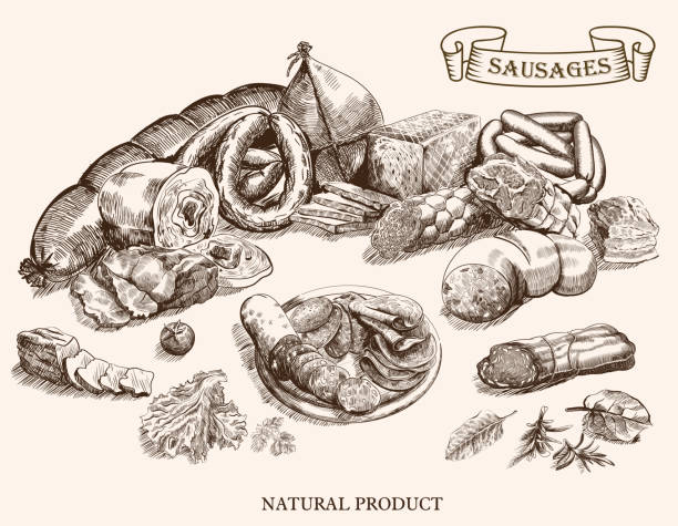 produkty mięsne - salami sausage portion decoration stock illustrations