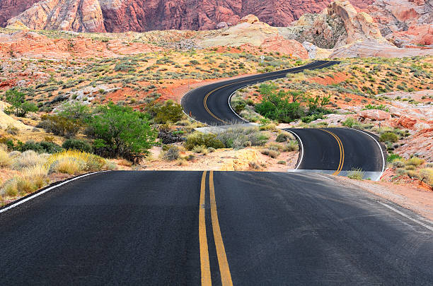 Highway winding through the Valley of Fire stock photo