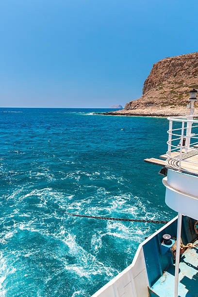 Balos beach and  Passenger Ship. View from Gramvousa Island, Crete in Greece.Magical turquoise waters, lagoons, beaches of pure white sand.