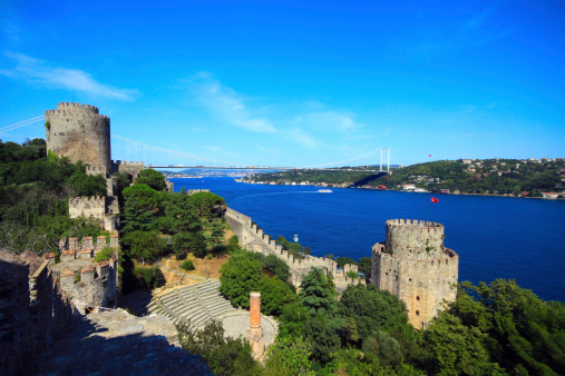 Fatih Sultan Mehmet Bridge view from Rumeli Fortress in Istanbul - Turkey.