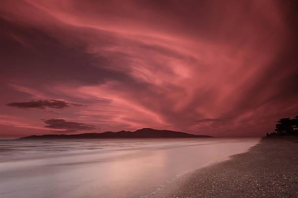Angry sunset over Kapiti Island, New Zealand stock photo