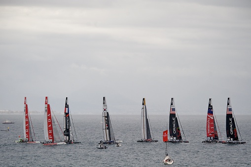 Naples, Campania, Italy - April 15, 2012: The Teams during workouts America's Cup World Series AC45