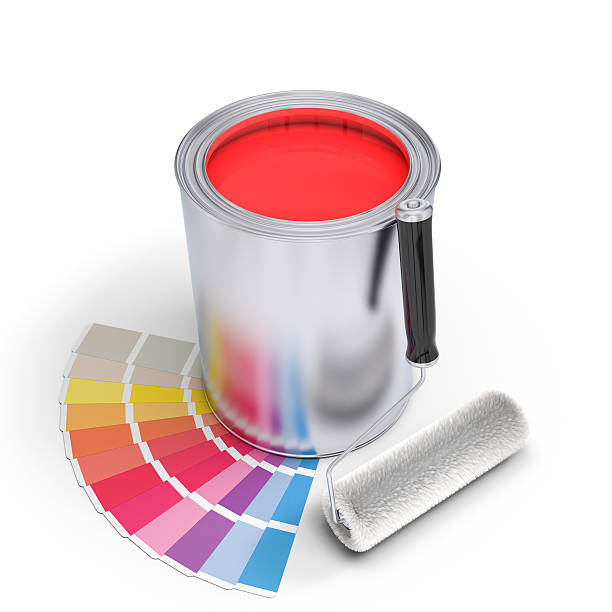 istock red paint bucket,roller and color chart on isolated background 465620516