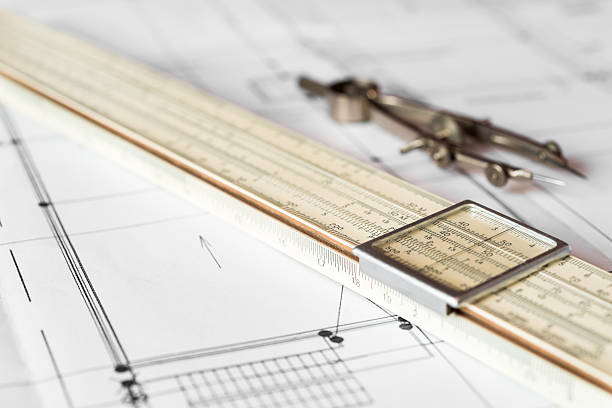 preparación para la elaboración de los documentos, las herramientas y sistemas - drafting ruler architecture blueprint fotografías e imágenes de stock