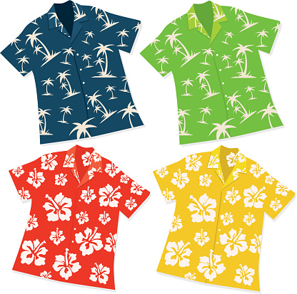 Set of four Retro Hawaiian Luau shirts on a white background. Includes hibiscus pattern and palm tree patterns. See my portfolio for invitation design template themes using shirt designs.