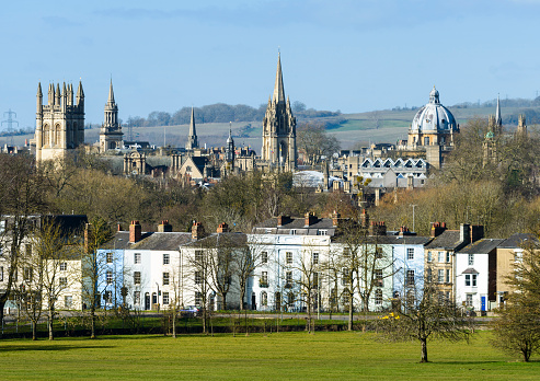 View of the city of Oxford with residential and university buildings, England.