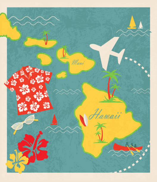 ilustraciones, imágenes clip art, dibujos animados e iconos de stock de aloha retro luau hawaiano mapa de viajes de elementos de diseño temático - hawaii islands maui big island tropical climate