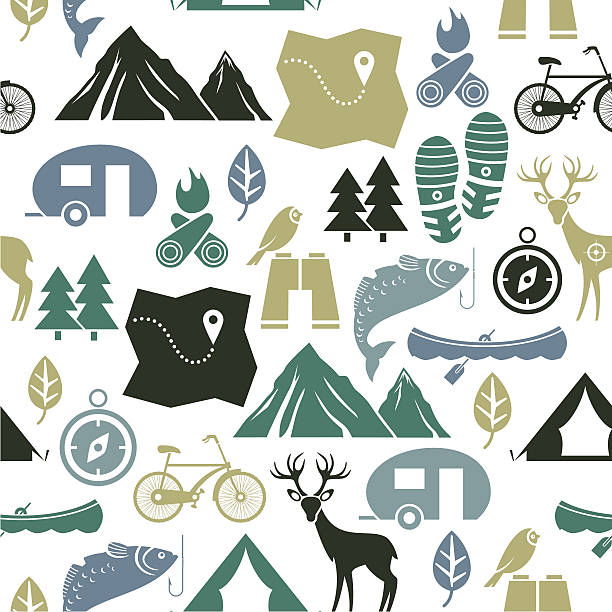 Vector illustration of outdoor activities A seamless pattern of outdoor related activities. See below for an icon set of this file. cartoon fishing hook stock illustrations