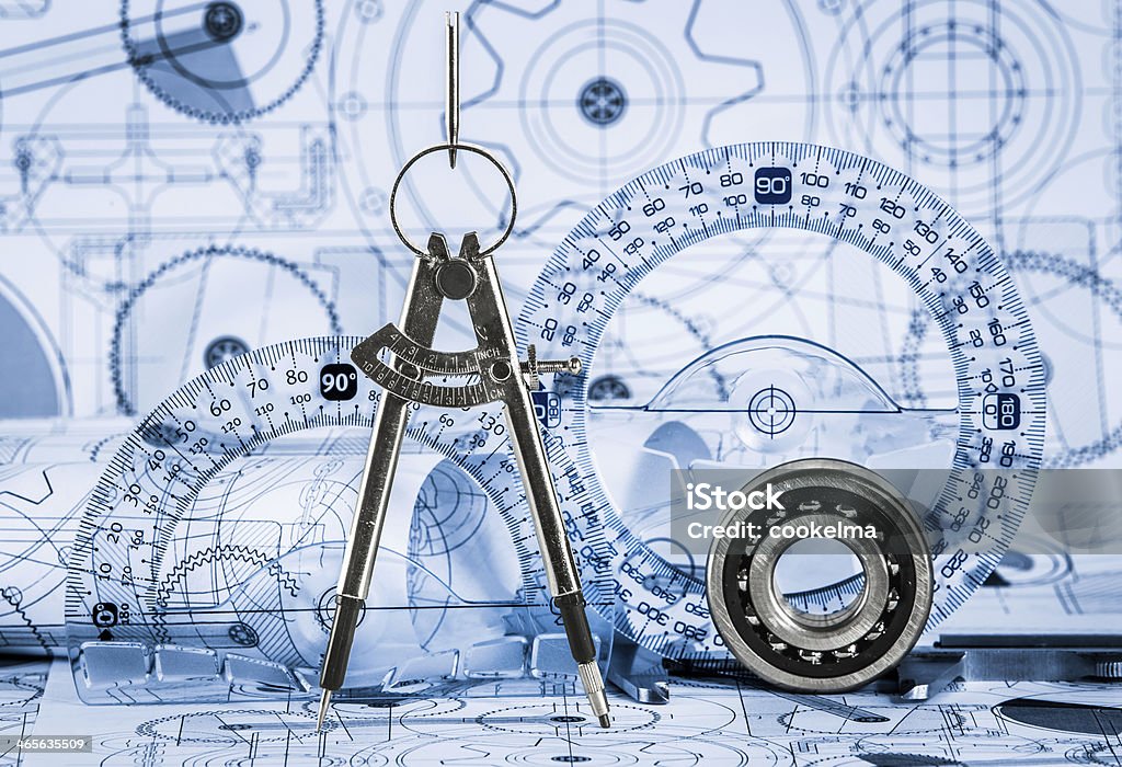 Technical drawings with the bearing Technical drawings with the bearing in a blue toning Abstract Stock Photo