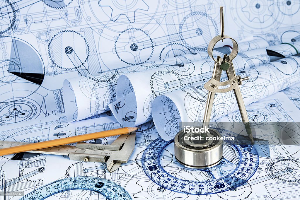 Disegni tecnici con cuscinetto - Foto stock royalty-free di Affari