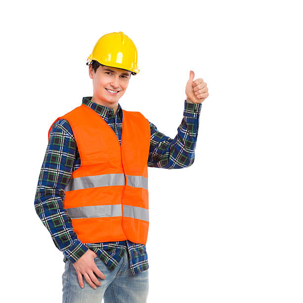 istock Construction worker wearing reflective clothing and showing thumb up. 465637693
