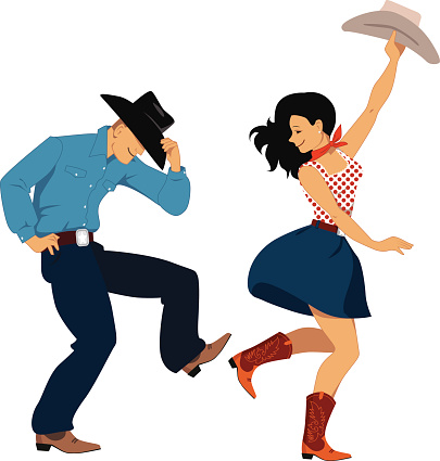 Cowboy and cowgirl dancing country western dance, isolated on white, vector illustration, no transparencies, EPS 8