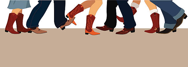 Country dancing banner Horizontal banner with male and female legs in cowboy boots dancing country western, vector illustration, no transparencies, copy space at the bottom  line dance stock illustrations