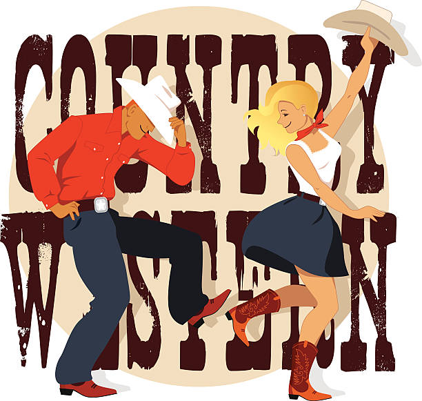 Country Western Young couple dancing Country Western style, decorative lettering on the background, vector illustration line dance stock illustrations