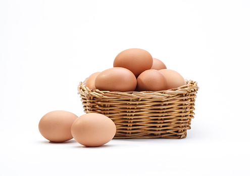 Eggs in rattan basket a healthy food gift isolated on white