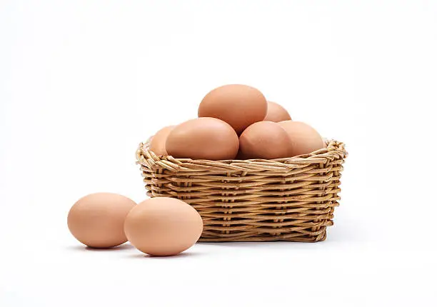 Photo of Eggs in rattan basket a healthy food gift isolated