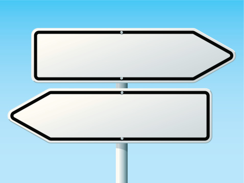 Vector Illustration of two blank directional Road Signs in front of a clear blue sky: Opposite Direction. All objects are on separate layers. The colors in the .eps-file are ready for print (CMYK). Transparencies used. Included files: EPS (v10) and Hi-Res JPG.