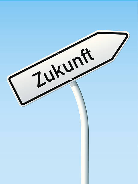 Zukunft Concept Arrow Up German Road Sign Vector Illustration of a directional Road Sign in front of a clear blue sky: Zukunft (Future), the signpost is bent for pointing the sign upwards. All objects are on separate layers. The colors in the .eps-file are ready for print (CMYK). Transparencies used. Included files: EPS (v10) and Hi-Res JPG. zukunft stock illustrations
