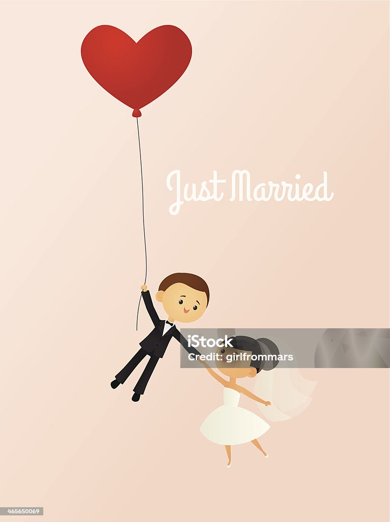 Just Married A vector illustration of a happy bride and groom being lifted away by a heart-shaped balloon. Bride, groom and balloon are all grouped together on the same layer. Text is on a separate layer, making it easy to remove if desired. AI 10 file. Linear and radial gradients used. Transparency used. No meshes. Wedding stock vector