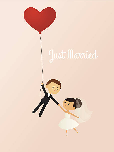 Just Married A vector illustration of a happy bride and groom being lifted away by a heart-shaped balloon. Bride, groom and balloon are all grouped together on the same layer. Text is on a separate layer, making it easy to remove if desired. AI 10 file. Linear and radial gradients used. Transparency used. No meshes. bride illustrations stock illustrations