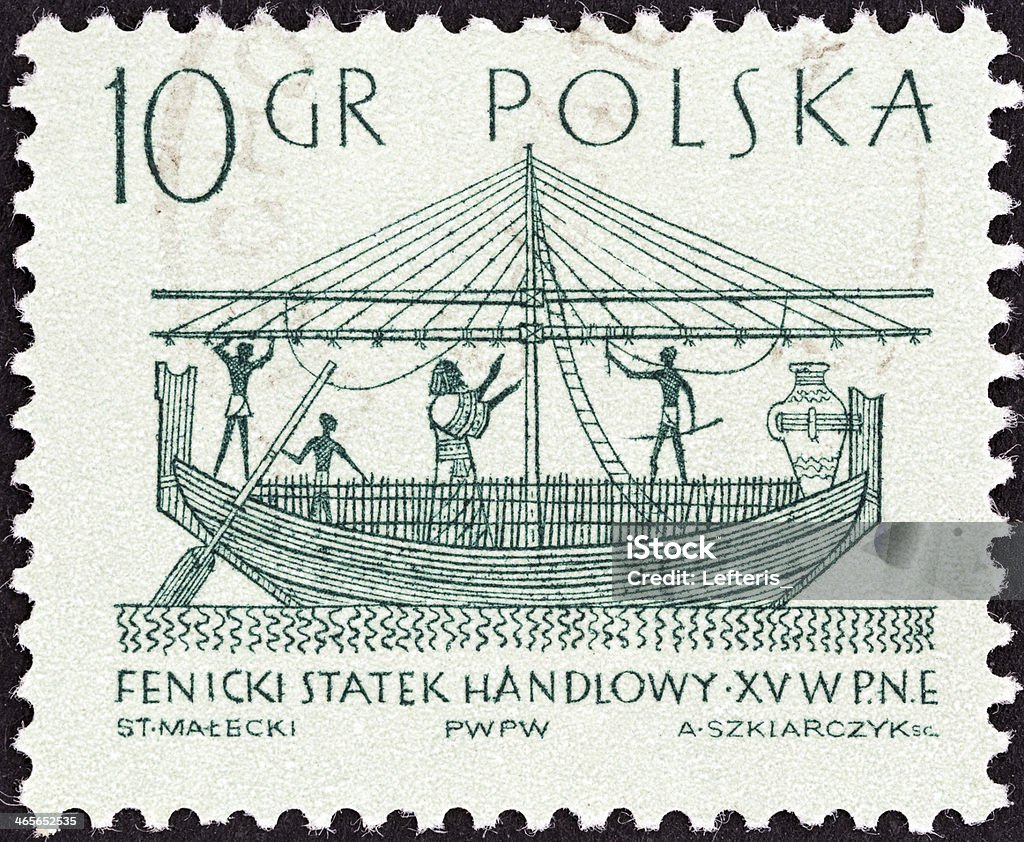 Polish stamp shows Phoenician merchantman (15th century BC) (1963) POLAND - CIRCA 1963: A stamp printed in Poland from the "Sailing Ships (1st series)" issue shows Phoenician merchantman (15th century B.C.), circa 1963. Phoenicia - Ancient Civilization Stock Photo