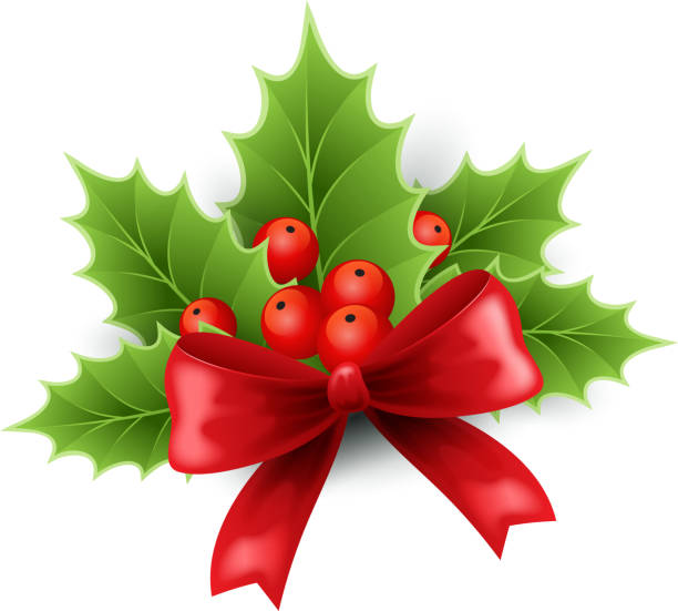 ilustraciones, imágenes clip art, dibujos animados e iconos de stock de acebo de navidad rojo y cinta - christmas backgrounds christmas card part of