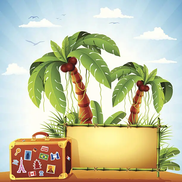 Vector illustration of Bamboo Banner with Travel Suitcase