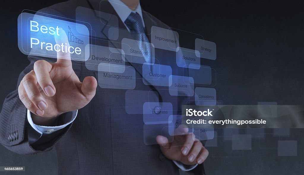 businessman hand shows best practice word on virtual screen businessman hand shows best practice word on virtual screen as concept Success Stock Photo