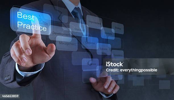 Businessman Hand Shows Best Practice Word On Virtual Screen Stock Photo - Download Image Now