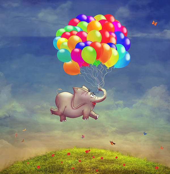 istock Cute  illustration of a flying elephant with balloons 465655428