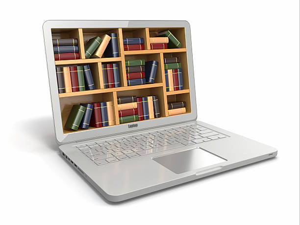 istock Laptop with shelves of books on screen 465656939