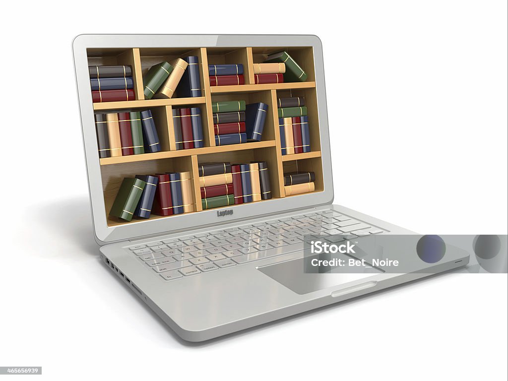 Laptop with shelves of books on screen E-learning education or internet library. Conceptual image Book Stock Photo