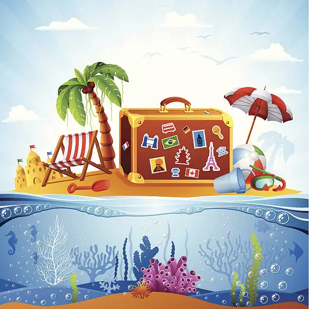 Vector illustration of Tropical Beach and Travel Suitcase