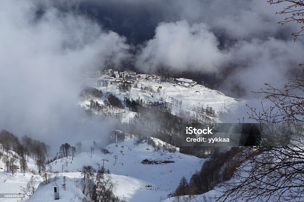 Hotels of Roza Khutor plateau in clouds Hotels of Roza Khutor plateau in clouds. Russia. 2015 Stock Photo