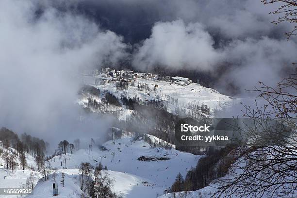 Hotels Of Roza Khutor Plateau In Clouds Stock Photo - Download Image Now - 2015, Horizontal, Krasnaya Polyana - Sochi