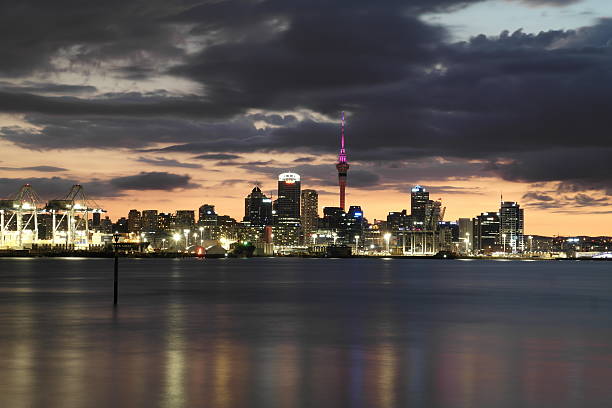 Skyline of Auckland Downtown at night stock photo