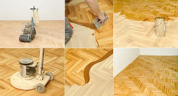 Varnishing of oak parquet floor in home or office