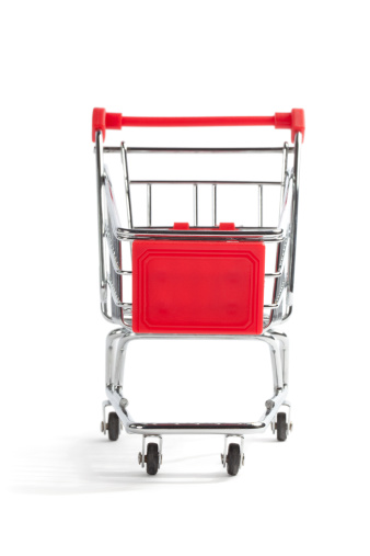 Front view of a shopping cart, isolated on white background.