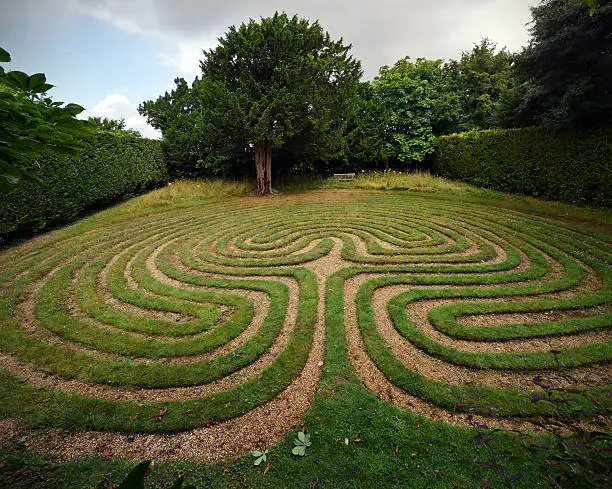 A grass turf maze dating from the I6th century, but following an ancient 'Troy' design. There are eight historic turf mazes in England