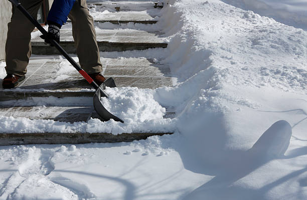 зимняя метель: очистка по лестнице - snow cleaning стоковые фото и изображения