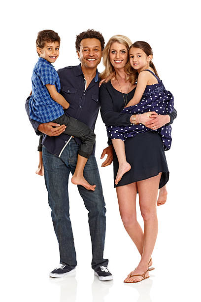 istock Beautiful family standing together on white 465669053