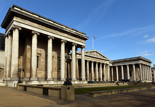 London, UK - March 6th 2015:The front elevation of top tourist attraction The British Museum in London photographed from the public highway outside
