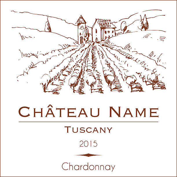 vintage wine label with a hand drawn rural landscape - tuscany stock illustrations