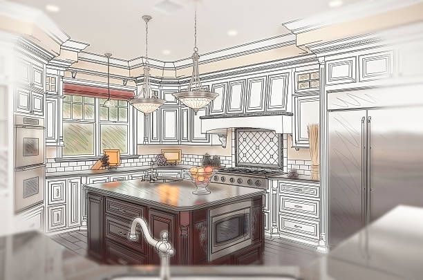 istock Beautiful Custom Kitchen Design Drawing with Ghosted Photo Behin 465679648