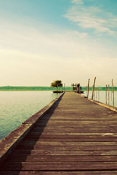 Wooden pier on Soustons lake, France stock photo